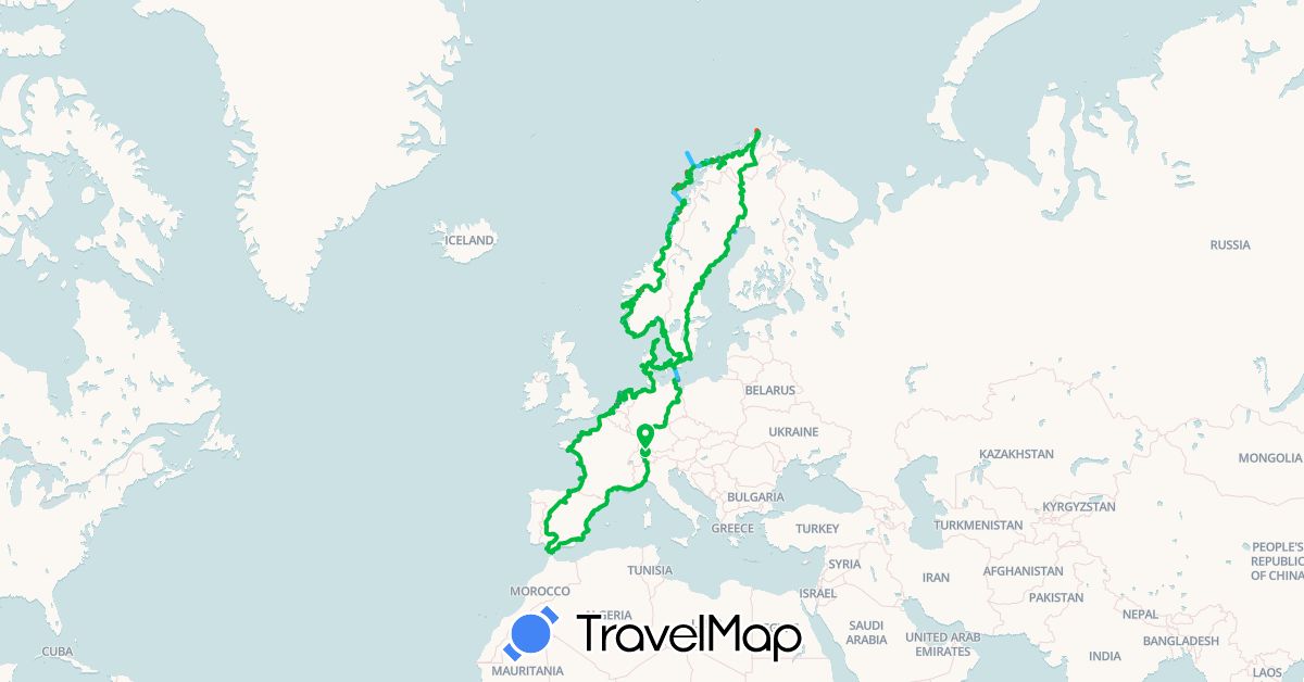 TravelMap itinerary: driving, bus, cycling, train, hiking, boat in Belgium, Switzerland, Germany, Denmark, Spain, France, Gibraltar, Italy, Monaco, Netherlands, Norway, Sweden (Europe)